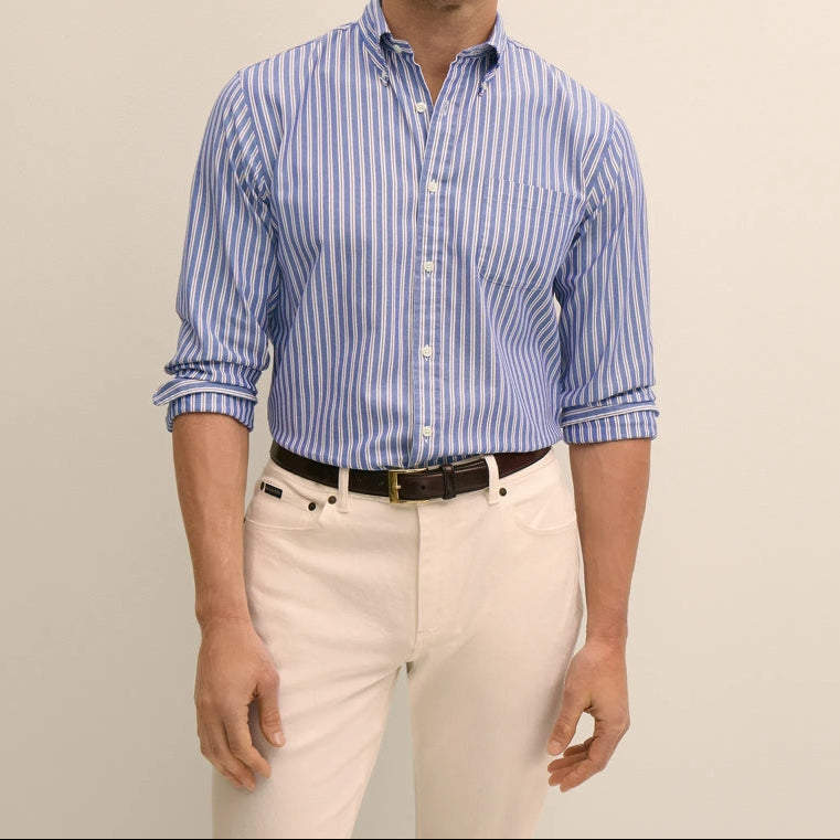 Men's Blue and Red Vertical Stripe Long Sleeve Shirt