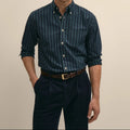 Men's Dark Green Vertical Stripe Jacquard Long Sleeve Shirt
