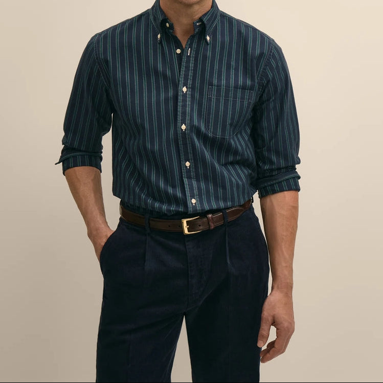 Men's Dark Green Vertical Stripe Jacquard Long Sleeve Shirt