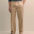 Men's Khaki Straight Leg Casual Trousers with Embroidery