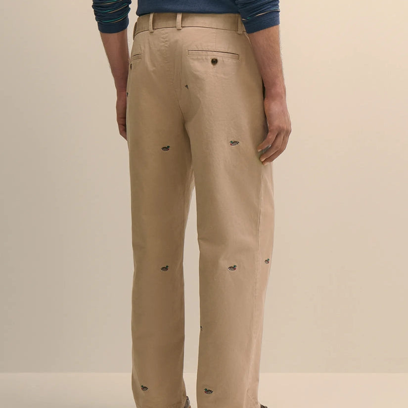 Men's Khaki Straight Leg Casual Trousers with Embroidery