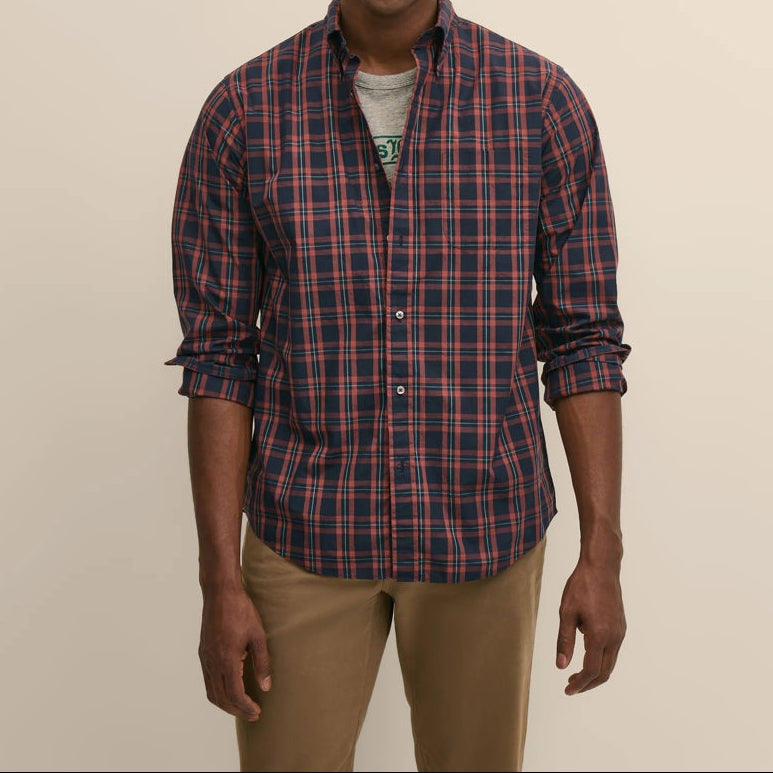 Men's Navy and Red Plaid Long Sleeve Shirt