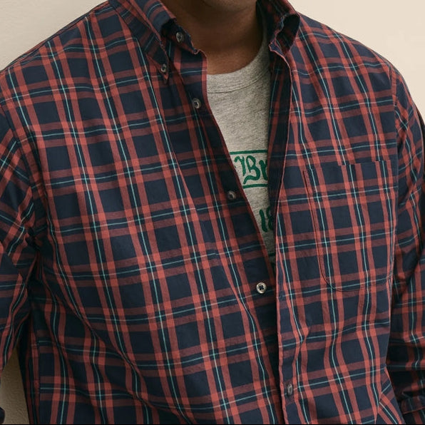 Men's Navy and Red Plaid Long Sleeve Shirt