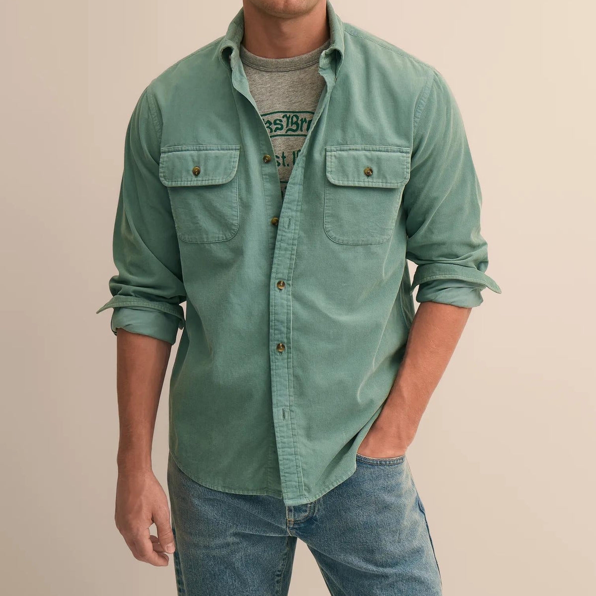 Men's Washed Green Long Sleeve Utility Shirt